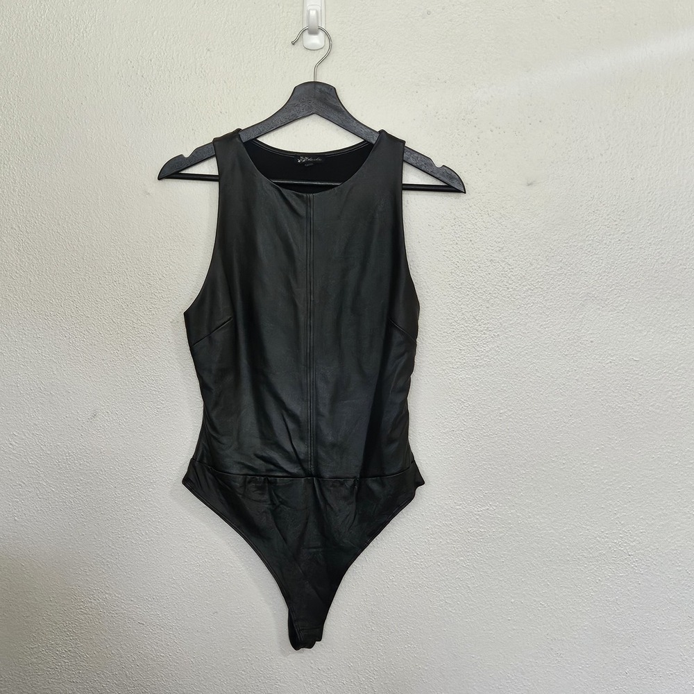 Blash Faux Leather Bodysuit Medium Black High Neck Sleeveless Thong Back...